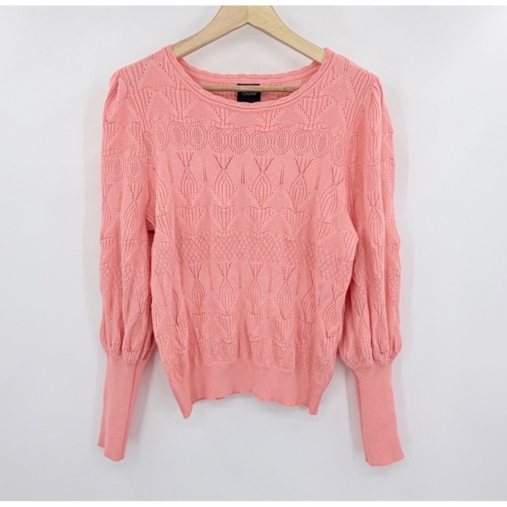 Cliche Pointelle Puff Sleeve Sweater Womens Medium Coral Pink Open Knit